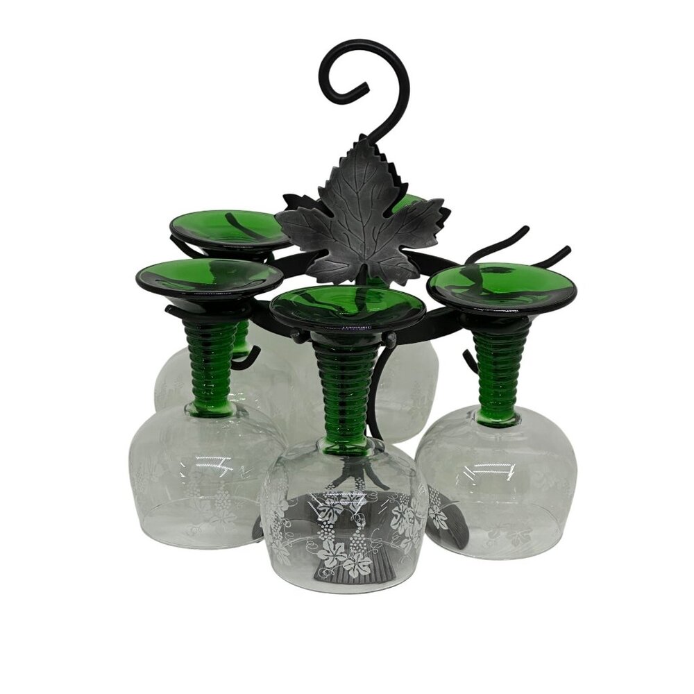 VTG‎ 80s Luminarc France Etched Wine Glass Set of 5 Green Ribbed Stem Grapevine